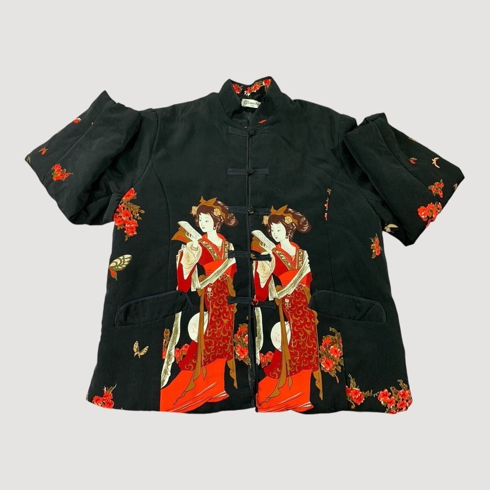 Vintage Black & Red Asian Motif Mandarin Jacket